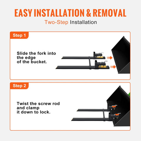 Two-step installation of Clamp On Pallet Forks For Loaders And Skid Steers, 4000 Lb Capacity, 60 Inch Built Tough Forks with Stabilizer Bar.