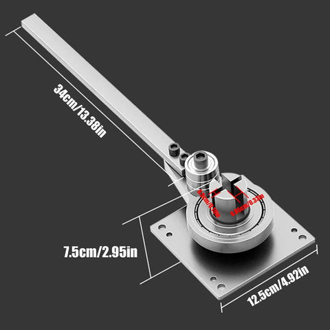 Manual Metal Bending Tool for Steel and Copper Pipes and Hoses, shown with dimensions 34cm and 7.5cm, metal construction.
