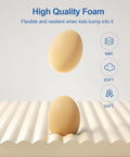 Top Shelf Baby Proof Corner Guards, Super Cuddle Soft Nbr Foam Furniture Edge Bumpers demonstrating flexibility with eggs on textured foam.