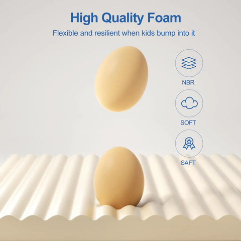 Top Shelf Baby Proof Corner Guards, Super Cuddle Soft Nbr Foam Furniture Edge Bumpers demonstrating flexibility with eggs on textured foam.