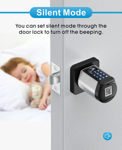 Deadbolt Smart Bluetooth Door Lock With Keyless Entry And Keypad, App Control, IC Card And Mechanical Key Backup showing silent mode feature