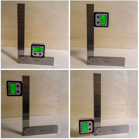 Machinist square with digital angle gauge attached; hardened steel right-angle ruler, 4 x 2.5 inches.