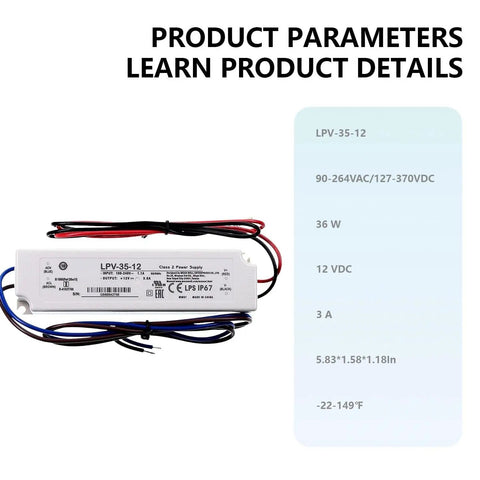 Heavy Duty 36W 12V 3A Switching Power Supply with sealed metal enclosure and wiring for LED lighting setups.