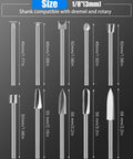 10 Piece Rotary Tool Bits Set For Wood Carving Engraving And Detail Work With 1/8 Inch Shank showing various bit sizes for precision crafting.