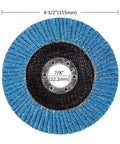 Front view of blue zirconia flap disc, 4-1/2 in diameter, 7/8 in center bore, 80 grit