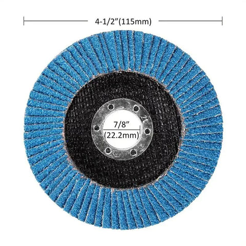 Front view of blue zirconia flap disc, 4-1/2 in diameter, 7/8 in center bore, 80 grit