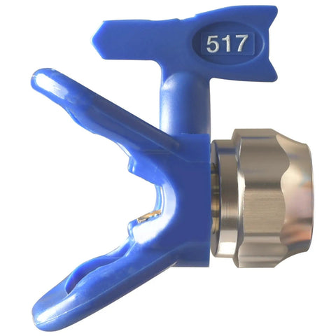Close-up of blue 517 spray tip from G5 Airless Spray Gun With Guard And 517 Tip For Airless Paint Sprayers, Lightweight Forged Aluminum.