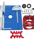 Adjustable Inverted Base Milling Table For Woodworking Planer And Trimmer Combo parts, blue base, red accessories, precision setup.