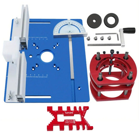 Adjustable Inverted Base Milling Table For Woodworking Planer And Trimmer Combo parts, blue base, red accessories, precision setup.