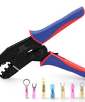 Heavy Duty Ratcheting Terminal Crimper For AWG 22 To 10 Gauge Wire Built Tough With Precision Steel Jaws, with connectors.