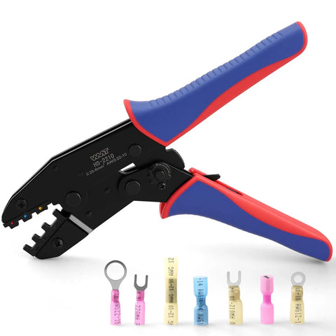 Heavy Duty Ratcheting Terminal Crimper For AWG 22 To 10 Gauge Wire Built Tough With Precision Steel Jaws, with connectors.
