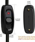 Two Pack Black Inline Lamp Switch With Neon Indicators For Night Visibility, Easy See On Off, Built Tough And High Quality Phenolic Plastic, 10A 250V, Durable Inline Switches For Lamps And Fixtures, Perfect For DIY Projects, front and back view with 72mm x 27mm dimensions