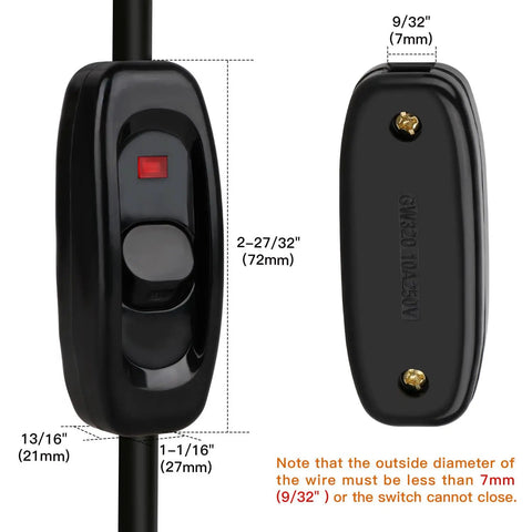 Two Pack Black Inline Lamp Switch With Neon Indicators For Night Visibility, Easy See On Off, Built Tough And High Quality Phenolic Plastic, 10A 250V, Durable Inline Switches For Lamps And Fixtures, Perfect For DIY Projects, front and back view with 72mm x 27mm dimensions
