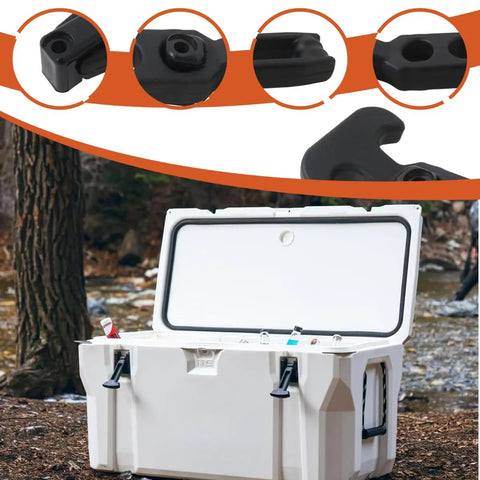 Go-To T Handle Rubber Latch Set Four Pack for Boat Hatch Toolbox and Equipment Hood on open white cooler in forest