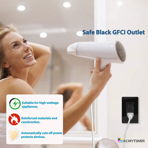 Weatherproof GFCI Outlet 15 Amp Black Receptacle With LED Indicator And Screwless Wall Plate 125V ETL Listed For Bathroom Kitchen Garage And Outdoor Use No Fuss Leakage Protection And Fast Automatic Shutdown For Safer Spaces in bathroom setup with woman using hairdryer.