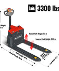 MechMaxx 3300lb Lithium Electric Pallet Jack showing dimensions: 47in height, 45in fork length, 27in fork width for heavy cargo handling.
