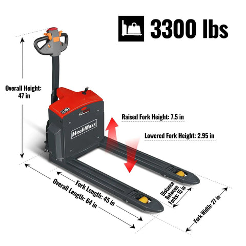 MechMaxx 3300lb Lithium Electric Pallet Jack showing dimensions: 47in height, 45in fork length, 27in fork width for heavy cargo handling.