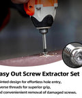 Close-up of a drill using the 6 Piece Screw Extractor Set Made From 35CrMo Steel With Spiral Groove For Maximum Grip On Broken Screws