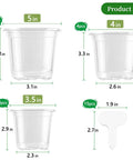 Clear Nursery Pots Set In 5 Inch 4 Inch And 3.5 Inch Sizes With Drainage Holes For Easy Transplanting Seedlings Cuttings And Succulents Includes 15 Plant Labels And 12 Packs with size measurements