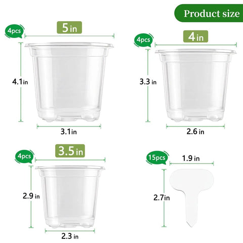 Clear Nursery Pots Set In 5 Inch 4 Inch And 3.5 Inch Sizes With Drainage Holes For Easy Transplanting Seedlings Cuttings And Succulents Includes 15 Plant Labels And 12 Packs with size measurements