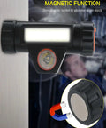 Magnetic feature of Two Pack LED Headlamps With Rechargeable Batteries on metal surface, showing hands-free use in work setting.