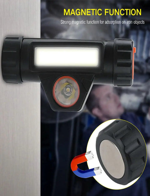 Magnetic feature of Two Pack LED Headlamps With Rechargeable Batteries on metal surface, showing hands-free use in work setting.