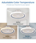 Three color temperature settings for bladeless ceiling fan with LED lights and remote 20 inch low profile flush mount smart app.