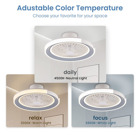 Three color temperature settings for bladeless ceiling fan with LED lights and remote 20 inch low profile flush mount smart app.