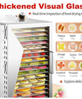 Heavy Duty Stainless Steel Food Dehydrator Packs 12 To 18 Trays featuring thickened glass for easy food drying inspection.
