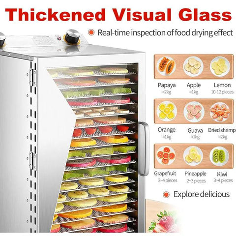 Heavy Duty Stainless Steel Food Dehydrator Packs 12 To 18 Trays featuring thickened glass for easy food drying inspection.