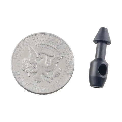 4 Pack Black Spearfishing Wishbone Accessories for Speargun Bands next to a U.S. half dollar coin for size comparison