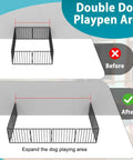 Image showing before and after views of a double dog playpen area using Four Pack Black Fence To Wall Anchors Securely Lock Down Dog Playpen And Pet Gates Compatible With FXW Systems.
