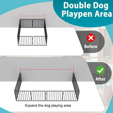 Image showing before and after views of a double dog playpen area using Four Pack Black Fence To Wall Anchors Securely Lock Down Dog Playpen And Pet Gates Compatible With FXW Systems.