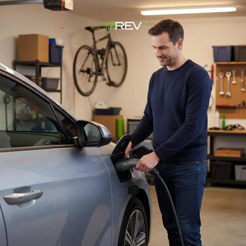 Man using Dual Port Level 2 EV Charger 50 Amp 12 kW Quick Home Charge For Two Cars NEMA 14 50 240V Smart EV Charger With WiFi