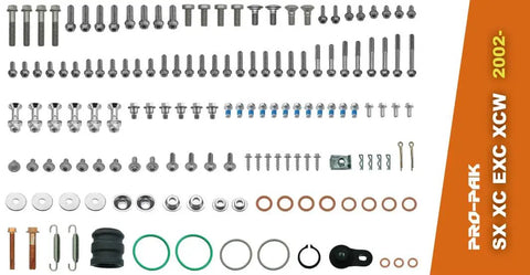 KTM Two Stroke Bolt Kit For 200 250 300 SX XC EXC XCW MXC Models 2002 And Up With OEM Style Dacromet Coated Fasteners organized display