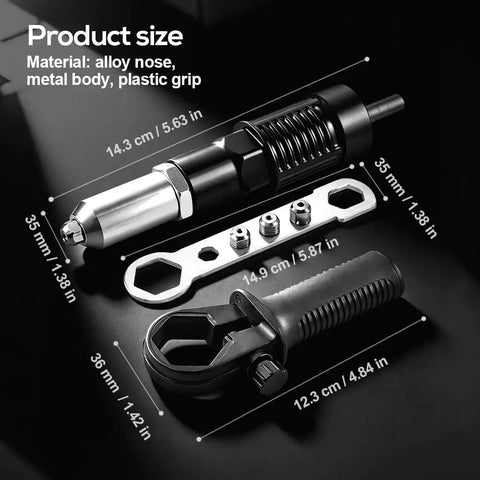 Cordless Rivet Gun Adapter Kit Converts Any Drill Into A Heavy Duty Riveting Tool with alloy nose and ergonomic grip, dimensions shown