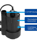 No Hassle Submersible Utility Pump Moves Water Like A Champ With Strong 1/5 Hp Motor Transfers Pond Or Basement Liquid Fast Up To 1600 Gph Includes 10 Ft Cord And Garden Hose Adapter Thermoplastic Shell Black top view with cord, discharge, and motor specifications.