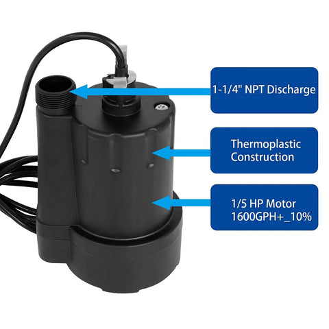 No Hassle Submersible Utility Pump Moves Water Like A Champ With Strong 1/5 Hp Motor Transfers Pond Or Basement Liquid Fast Up To 1600 Gph Includes 10 Ft Cord And Garden Hose Adapter Thermoplastic Shell Black top view with cord, discharge, and motor specifications.