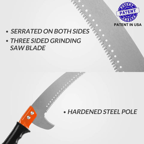 Lightweight Manual Pole Saw Extension For Tree Pruning 10 Foot Reach Stainless Steel Blade close-up with serrated edges