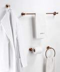 Stainless Steel Bathroom Accessories Set With Towel Bar Towel Ring Toilet Paper Holder And Hooks In SUS 304 Brushed Brass Finish For Modern Durable Corrosion Resistant Easy Clean Bathroom Makeover displayed on wall.