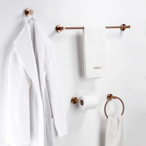 Stainless Steel Bathroom Accessories Set With Towel Bar Towel Ring Toilet Paper Holder And Hooks In SUS 304 Brushed Brass Finish For Modern Durable Corrosion Resistant Easy Clean Bathroom Makeover displayed on wall.