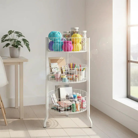 Three Tier Round Wire Dump Bins Display Stand For Retail Floors, 18 Inch Bins, 45 Inch Tall, organized with craft items in white
