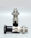 Hella Tough Aluminum Rest Position Index Plunger With Spring Lock Pin And Slick Knob Screw Crisp Fine Thread For Dead Tight Machine Alignment One Piece MT309Z M16, close-up view showing fine thread and spring lock pin.