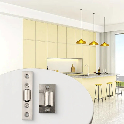 Top Notch Stainless Steel Invisible Roller Catch For Interior Doors 90mm By 20mm Smooth Quiet Latching Hidden Design fittings in modern kitchen.
