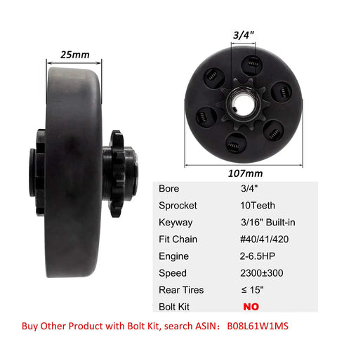 Heavy Duty Centrifugal Clutch For Go Karts And Mini Bikes, Three-Quarter Inch Bore, Ten-Tooth, Chain Size 40 41 420 Compatibility diagram