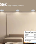Room with 4 Inch LED Disk Light Dimmable Flush Mount Ceiling Light, warm 3000K, showing lighting information, sofa underneath.