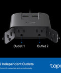 Rock Solid Outdoor Smart Plug With Dual Independently Controlled Outlets And Hella Reliable IP65 Weather Resistance For Seamless Matter Compatible Smart Home Automation And Voice Control showing two outlets and control buttons.