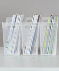 Clear Plastic Shelf Bin Organizer With Open Top Handles For Easy Closet, Cabinet And Pantry Storage Stackable Totes, Narrow Design Fits Standard Shelving, Office And Home Organization 6 Pack displayed on a shelf with books inside.