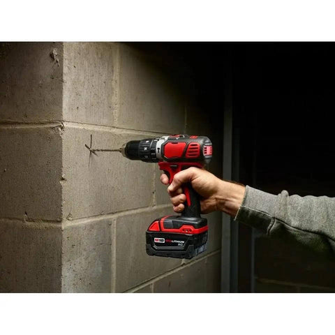 Heavy Duty Compact Hammer Drill Driver With Beefy 500 In Lbs Torque Output And Zero To One Eight Hundred Rpm Settings Featuring All Metal Gearcase Cordless Bare Tool Built Tough For Professional Jobsites drilling into concrete wall