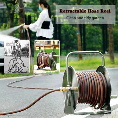 Heavy Duty Stainless Steel Garden Hose Reel Cart Set With Forty Meter Outdoor Water Hose Rolls Straight, showcasing tidy hose storage.